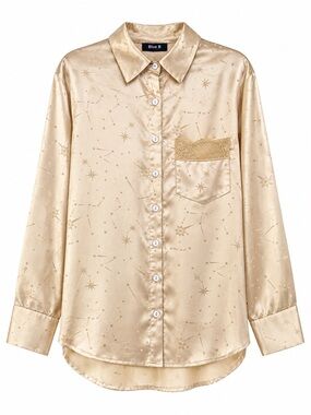 NEW blue b Champagne Star Zodiac Asteroid Celestial Satin Like Button Up Shirt